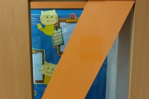 Classroom "Room 2" door, with an orange accent stripe and a koala nameplate